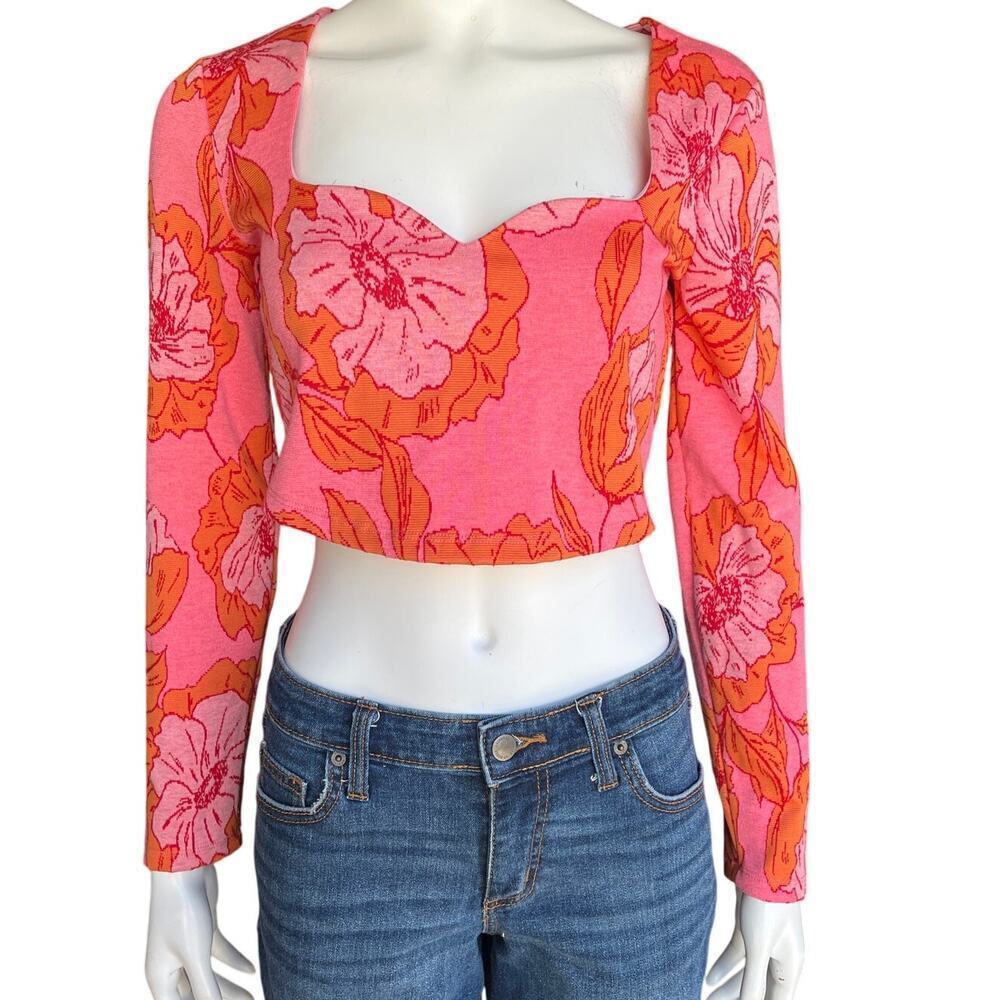 Zara Pink Orange Floral Jacquard Long Sleeve Crop Top Square Neck Size Large - Picture 7 of 7